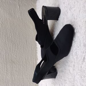 PREVATA Black Cut Out Fabric Upper Square Toe Patent Block Heel Slingback Shoes